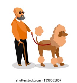 Blind Man with Guide Dog Cartoon Illustration. Assistant Dog Helping Human Flat Drawing. Groomed Poodle, Grandfather with Walking Cane Vector Characters. Friendship, Animal Therapy Poster Concept