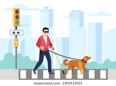 Blind man with guide dog crosses road at traffic light with sign for blind. Pet leading handicapped male character, animal companion for disabled. Cartoon flat isolated svg