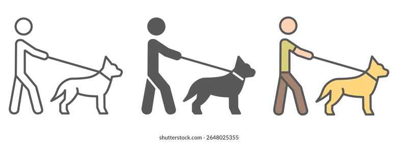 Homem cego com guia cão ícone coleção, deficiência e animal de estimação, cego com guia cão sinal vetor definir gráficos, traço editável ícone linear, eps 10