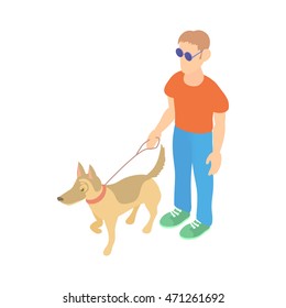 Blind man with guide dog icon in cartoon style on a white background