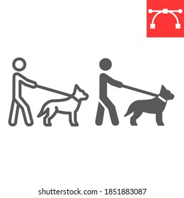 Hombre ciego con línea de perro guía e icono de glifo, discapacidad y mascota, ciego con señalización de perro guía gráficos vectoriales, icono lineal de trazo editable, eps 10