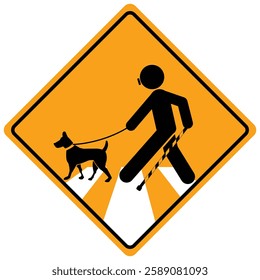 Blind man with guide dog on zebra crossing . Blindman in sunglasses with cane and his doggy. vector illustration. 