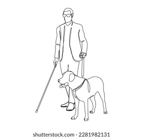 Blind man and guide dog in one line art style.