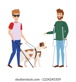Blind Man With Guide Dog And Man With Prosthesis