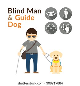 Blind Man With Guide Dog, Seeing Eye, Illustrate And Icons