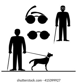 Blind Man With Guide Dog, Seeing Eye Dog. Vector Illustrations And Icons