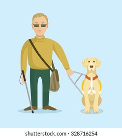 Blind Man With Guide Dog. Vector Flat Illustration