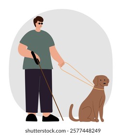 Blind man with his assistance guide dog walking outside 