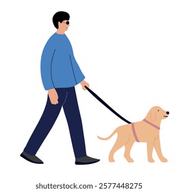 Blind man with his assistance guide dog walking outside 