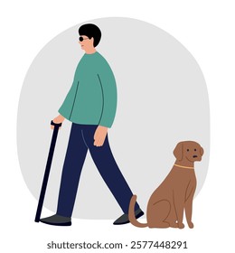 Blind man with his assistance guide dog walking outside 