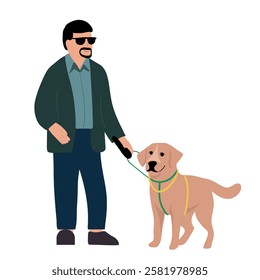 Blind man with his dog guide walking outside