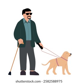 Blind man with his dog guide walking outside