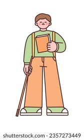 Blind man holding a cane and a book. He is smiling happily. Cute style illustration with outlines.