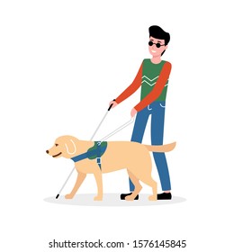 Blind man holding stick, walking with guide dog. Disabled male with blindness isolated white background. Flat vector illustration.