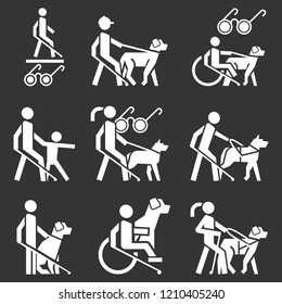 Blind man icon set. Simple set of blind man vector icons for web design on gray background