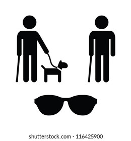 Blind Man Icons Set - With Guide Dog, Walking Stick