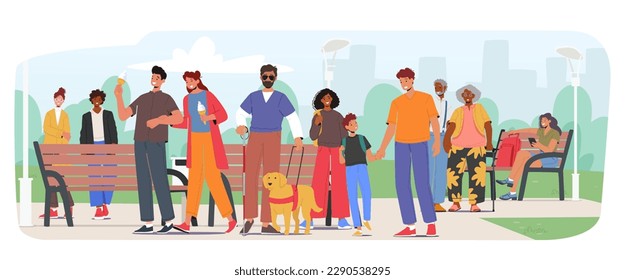 Blind Man Navigates The Park With His Guide Dog, Moving Through The Pathways And Enjoying The Fresh Air And Natural Surroundings With Confidence And Independence. Cartoon People Vector Illustration svg