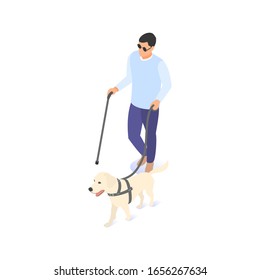 Blind man on a walk with a cane and a guide dog. Isolated vector isometric illustration on a white background.