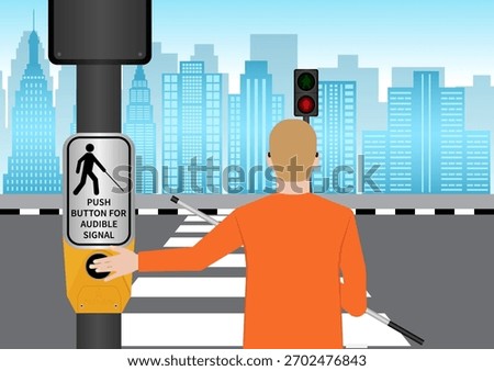 Blind Man Pressing Crosswalk Button. Push Button for Audible Signal. Pedestrian Traffic Button. Vector Illustration.
