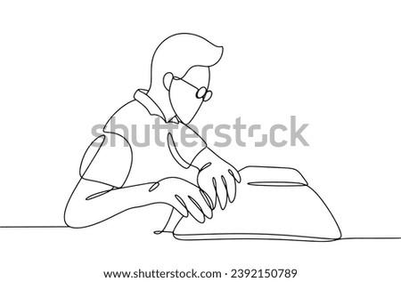A blind man reads a book using Braille. Caring for people with special needs. World Braille Day. Vector illustration. Images produced without the use of any form of AI software at any stage.