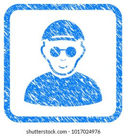 Blind Man rubber stamp imitation. Icon vector symbol with distress design and unclean texture in rounded squared frame. Scratched blue stamp imitation. Man face has glad sentiment.