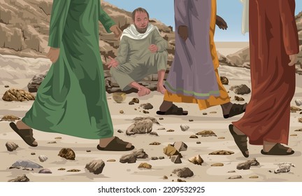 Hombre ciego sentado por carretera mendigando mientras la multitud pasa.  Ilustración bíblica que muestra Luke 18:35-43 