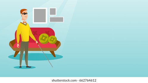 Ciego parado con un bastón en su casa. Ciegos con gafas oscuras y de pie con un bastón. Ciegos caminando con un palo. Ilustración de diseño plana vectorial. Diseño horizontal.