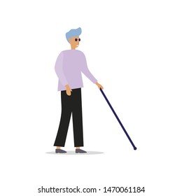 Blind man with stick and black glasses. Vector blind person, disabled walking, handicapped and disability illustration