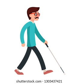 Blind man stick disabled confident gait walking character walk cartoon design flat design vector illustration