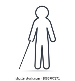 Blind man with stick icon, simple line illustration