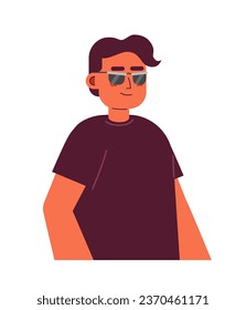 Blind man sunglasses 2D cartoon character. Hispanic blind male wearing black t-shirt isolated vector person white background. Cool indian guy with vision impairment color flat spot illustration