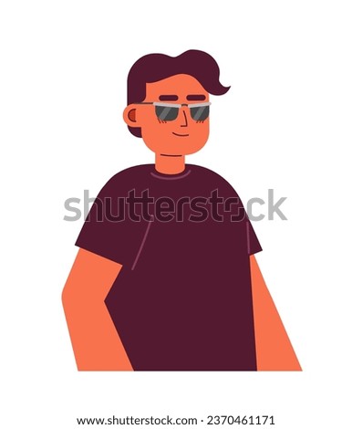 Blind man sunglasses 2D cartoon character. Hispanic blind male wearing black t-shirt isolated vector person white background. Cool indian guy with vision impairment color flat spot illustration