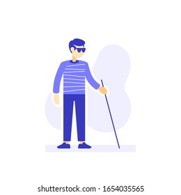 Blind Man With Sunglasses And Cane Walking, Vector Flat Illustration