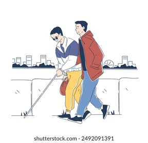 Ciego con Asistencia. Un joven ayuda a un amigo con discapacidades. Activista y voluntario. Guía para caminar por la ciudad. Problemas de visión. Ilustración vectorial lineal aislada sobre fondo blanco