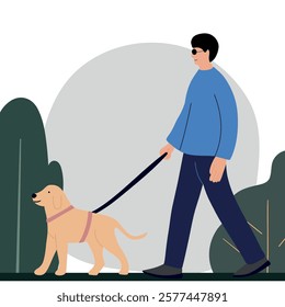 Blind man with their assistance guide dog walking outside 