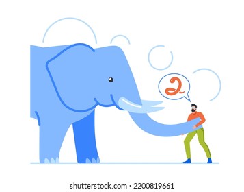 Blind Man Touching An Elephant. Depict Blindfolded Character with Wrong Perceptions, Impressions, Ideas, Opinions, Beliefs, And Interpretation Towards An Elephant. Cartoon People Vector Illustration