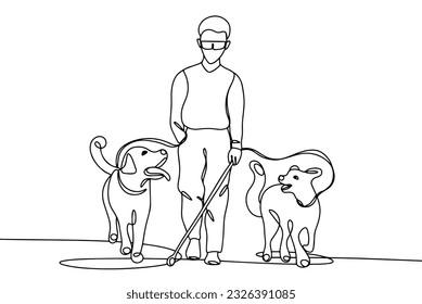 Un ciego con dos perros guía. Día Internacional del Perro Guía. Un dibujo de línea para diferentes usos. Ilustración vectorial.