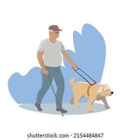 Un ciego camina al aire libre con ayuda de un perro guía. Los cachorros de mascotas entrenados profesionalmente ayudan a los discapacitados en las calles. Concepto de deterioro visual. Servicio a animales y personas. Ilustración vectorial.