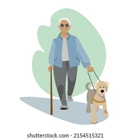 Blind man walk outdoor with guide dog assistance. Professional trained pet puppy help disabled impaired guy on streets. Visual impairment concept. Service animal and people. Vector illustration.