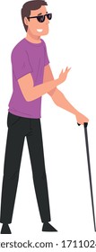 Blind Man Walking with Cane, Disabled Man Enjoying Full Life Vector Illustration