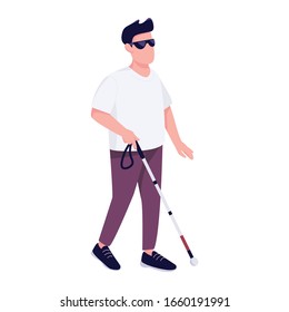 Blind man with walking cane flat color vector faceless character. Disabled young male person with stick strolling alone isolated cartoon illustration for web graphic design and animation