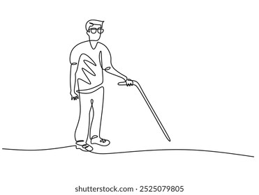 Hombre ciego caminando dibujo continuo de una línea. Personas con discapacidad con el concepto de bastón. Fondo minimalista de Ilustración vectorial.