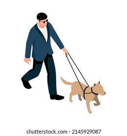 Blind man walking with dog guide 3d isometric vector illustration