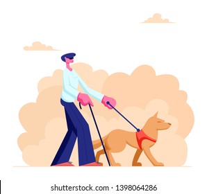 Blind Man Walking with Guide Dog and Cane along Street. Special Trained Animal Helping to Disabled Male Character to Walk in City. Vision Disability, Eyes Disease. Cartoon Flat Vector Illustration