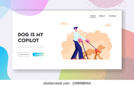 Blind Man Walking with Guide Dog and Cane along Street. Special Trained Animal Help to Disabled Male Character to Walk in City. Website Landing Page, Web Page. Cartoon Flat Vector Illustration, Banner