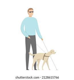 Blind Man Walking With Guide Dog. Vector Illustration.