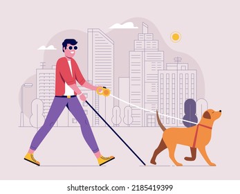 Blind man walking with guide dog in city. Labrador Retriever leading blind person across the street. Cheerful guy with cane and leader seeing eye dog strolls down street with skyscrapers. svg