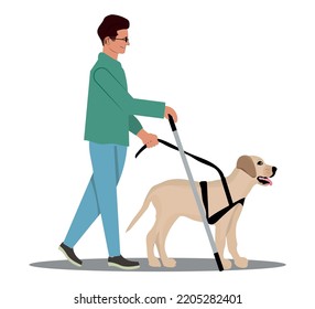 Blind man walking with a guide dog. Vector isolated on are white background. svg