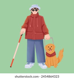 Hombre ciego caminando con perro guía