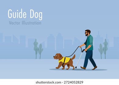 Homem cego andando com cão-guia e bengala. Animal treinado como serviço de assistência para pessoas com deficiência. Vetor.